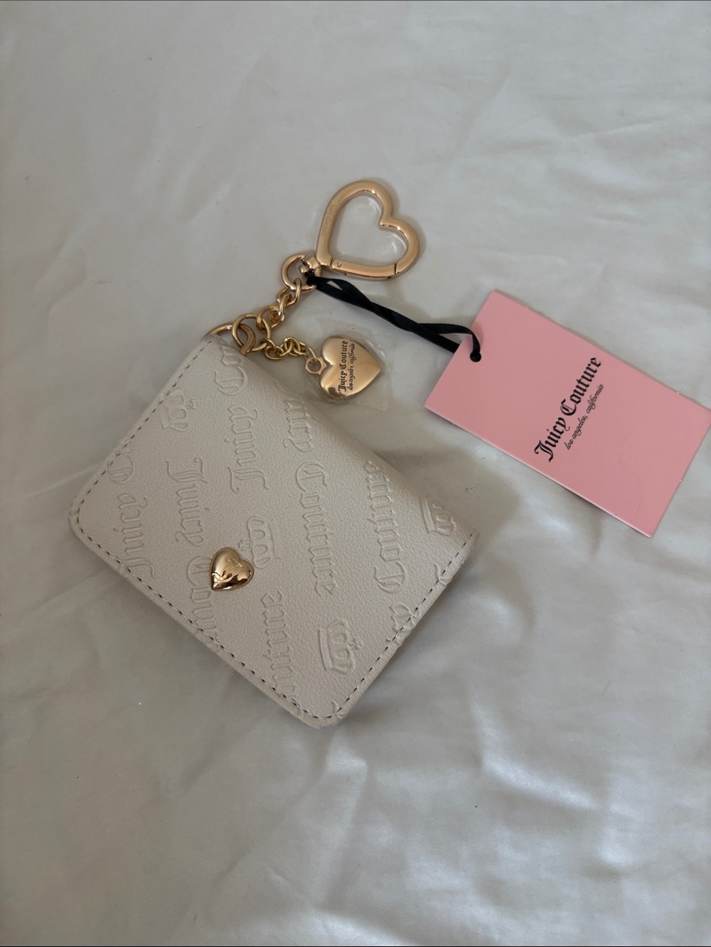 Juicy Couture Cream Embossed Card Case with Gold Heart Charm